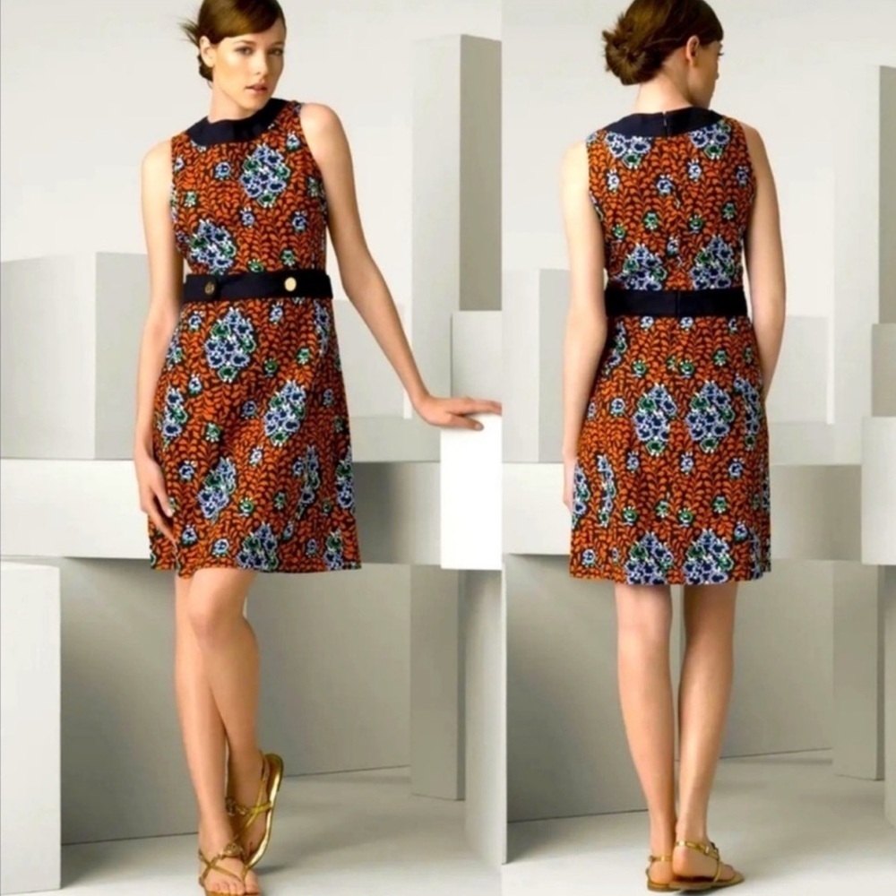 Tory Burch Orange Floral Print Sleeveless Dress with Navy Trim